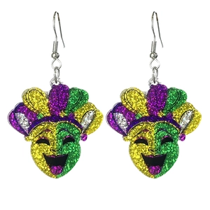 Sparkly Mardi Gras mask drop earrings in purple, green and gold glitter finish