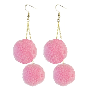 Pink plush double ball drop earrings with gold chain for women Valentines gift