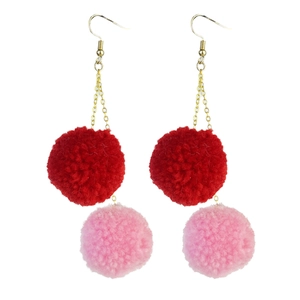 3D heart style red and pink pom-pom drop earrings with golden chain and hook