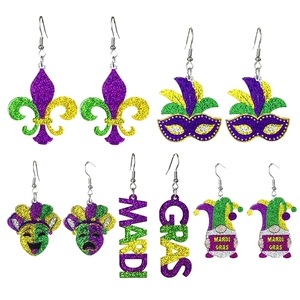 Mardi Gras Glitter Acrylic Dangle Earrings For Women Festive Carnival Party Jewelry Purple Green Gold Mask Fleur-de-lis Drop Earrings