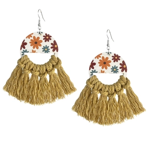 Bohemian floral wooden earrings with mustard yellow tassels and retro daisy patterns
