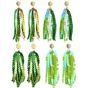 Sparkly green sequin fringe earrings set with gold round studs for Saint Patrick's Day