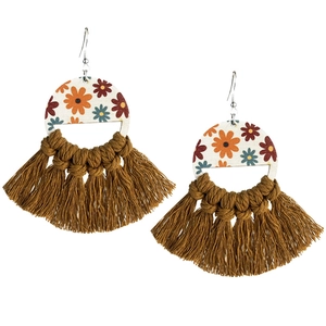 Bohemian vintage floral wood earrings with brown fringe tassels on white background