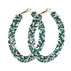 Green and silver glitter hoop earrings with gold metal finish for women's fashion