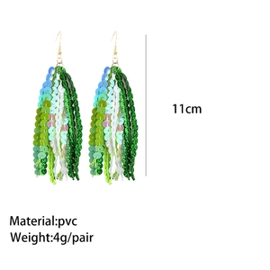 Detailed view of 11cm green sequin fringe earrings with 4g weight and size labels