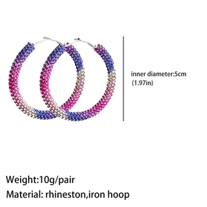 Detail view of 5cm rainbow gradient rhinestone hoop earrings with size and weight specs