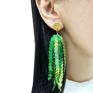 Sparkling green sequin tassel earrings with gold metal studs for St. Patrick's Day party