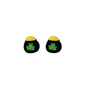 Pendientes de olla de oro de San Patricio con trébol verde y purpurina dorada