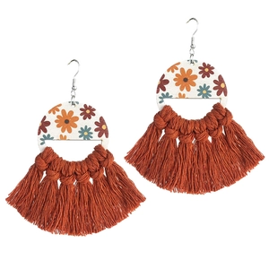 Bohemian retro wood daisy floral earrings with long reddish brown cotton fringe tassels