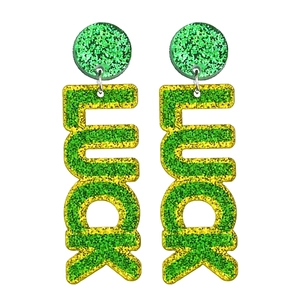 Pendientes de acrílico con purpurina verde de San Patricio y colgante con letras LUCKY