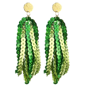 Sparkling green sequin tassel earrings with gold studs for St. Patrick's Day fashion