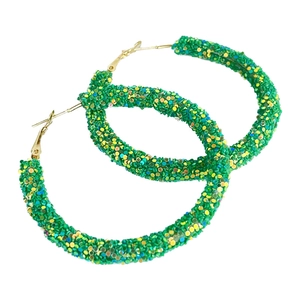 Saint Patrick Green Glitter Large Hoop Earrings with Sparkling Bead Decorations