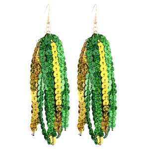 Detail of St. Patrick's Day green sequin tassel earrings with golden glitter accents