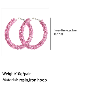 Detailed specs of pink resin hoop earrings showing 5cm diameter and iron hoop material