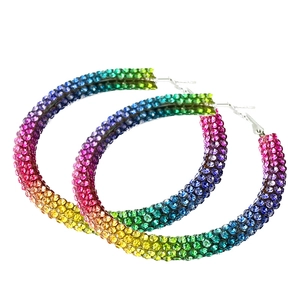 Rainbow gradient hoop earrings with sparkling rhinestones for Easter party and fashion