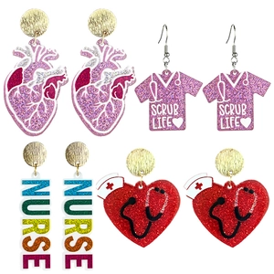 Boucles d'Oreilles Médicales Journée Infirmières Scrub Life Cœur Anatomique Acrylique Pailleté pour Infirmières Femme Bijoux