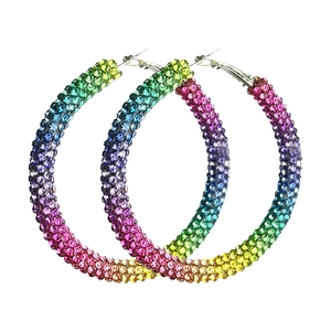 Chic rainbow gradient rhinestone hoop earrings with vibrant pink and blue crystals