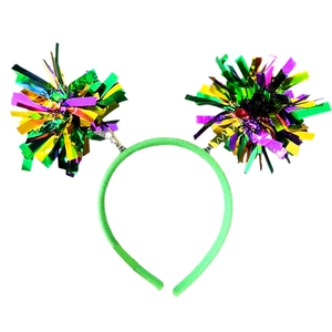Festive Mardi Gras headband with purple gold and green sequin pom poms on springs