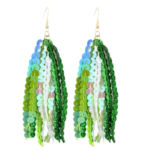 Detail of St. Patrick's Day green gradient sequin fringe earrings with metal hooks