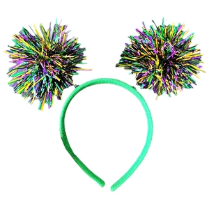 Detail of glittery tinsel pom poms on green headband for Mardi Gras celebration