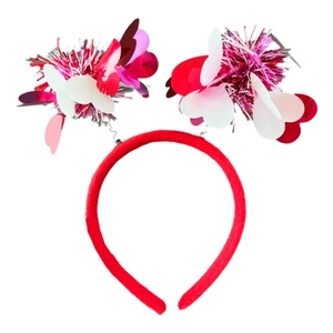 Serre-tête Saint-Valentin avec paillettes en cœur rose rouge et pompons à ressort
