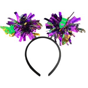 Purple, gold and green Mardi Gras tinsel headband with mask details on white background