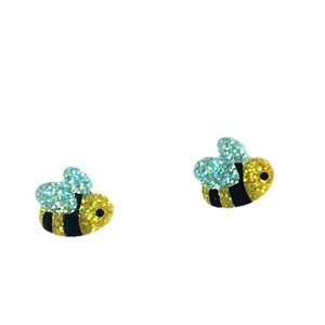 Orecchini a perno a forma di ape glitterata con strisce gialle e ali azzurre