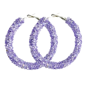 Fashionable purple crystal hoop earrings for women with silver metal needles and hooks