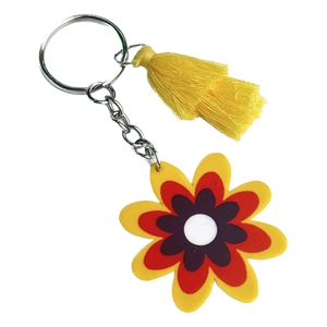 Retro multi-layer floral keychain with yellow tassel and silver metal ring for women