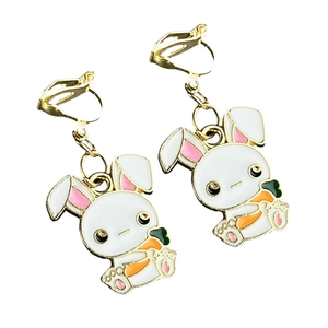 Cute Easter white rabbit clip-on earrings with carrot charm for girls without piercings