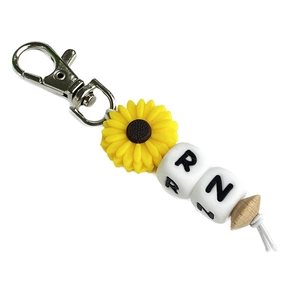 Nurse Week RN sunflower silicone bead keychain with wooden bead for medical gift charm