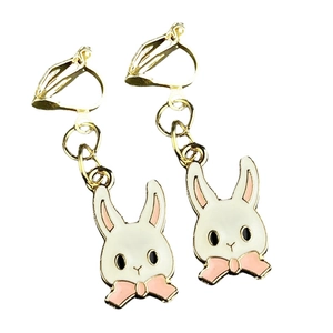 Easter clip-on earrings for girls featuring cute white rabbit with pink bow detail