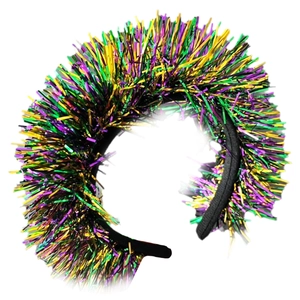 Detail of glittery purple, green, and gold tinsel strands on festive carnival headband