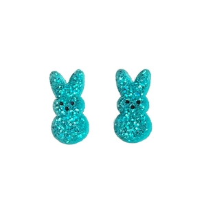 Sparkly blue glitter acrylic rabbit stud earrings for Easter fashion jewelry style