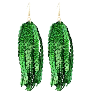 Close-up of green sequin tassel earrings with multi-layered fringe and golden hooks