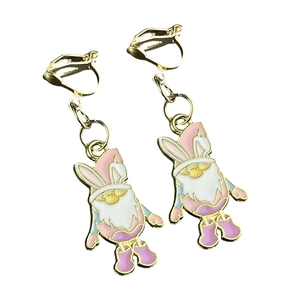 Cute Easter gnome clip-on earrings with pink rabbit ears and colorful enamel for girls