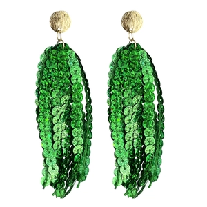Close-up of Saint Patrick green sequin tassel earrings with golden round metallic studs