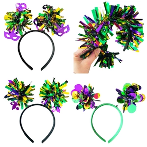 Mardi Gras Headband For Women Festive Carnival Headpiece Purple Gold Green Sequin Tinsel Pom Pom Party Hair Accessories
