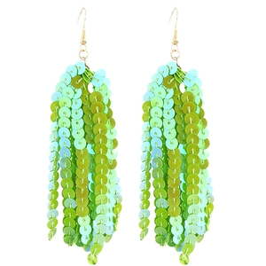 Detail of green and blue gradient sequin tassel earrings with gold metal studs