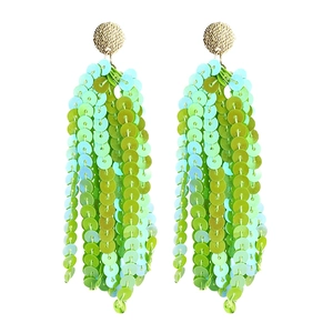 Detail of bohemian gold stud earrings featuring vibrant green and teal sequin long fringes