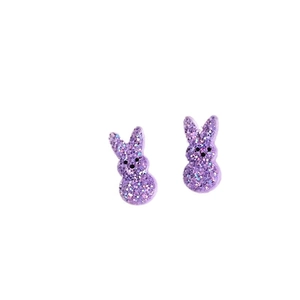 Sparkly purple acrylic rabbit stud earrings with a shiny finish for Easter fashion