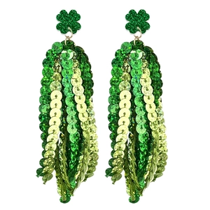 Sparkly green shamrock tassel earrings with sequins for St. Patrick's Day party outfits