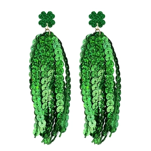 Sparkling green St. Patrick's Day shamrock earrings with long sequin tassel dangles