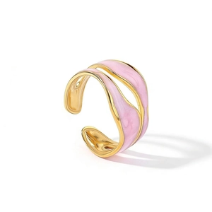Minimalist gold-plated stainless steel open ring with pink enamel wave design