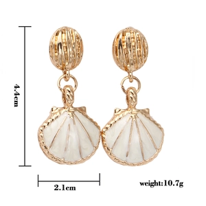 Golden shell earrings with white enamel finish and striped round stud, 4.4cm drop length