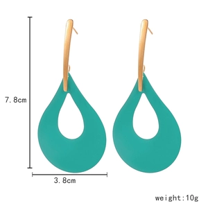 Detailed view of teal hollow teardrop earrings with measurements 7.8cm height and 3.8cm width