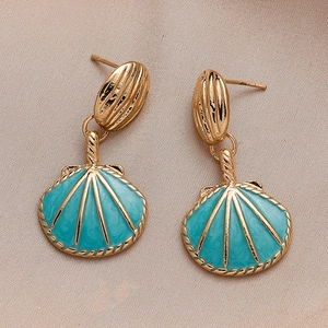 Golden shell earrings with blue enamel, retro ocean style beach jewelry for women