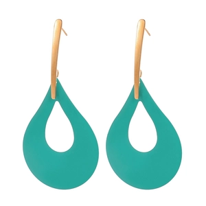 Exaggerated teal teardrop dangle earrings with rose gold metal hooks in geometric style