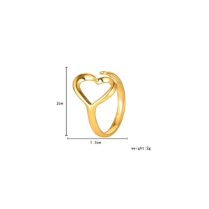 Adjustable hollow heart-shaped gold-plated stainless steel ring weighing 2g and 2cm high