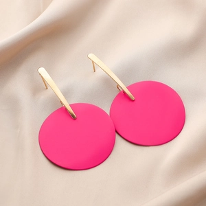 Modern geometric earrings with pink matte round pendants and long golden metallic studs